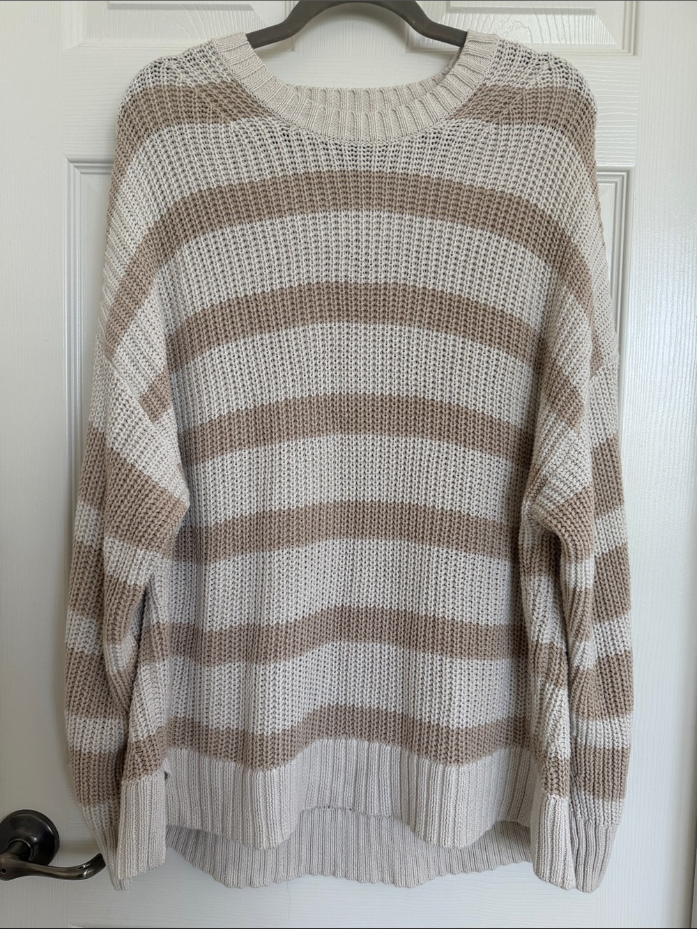 American Eagle Neutral Tan Cream Striped Cotton Slouchy Sweater Large